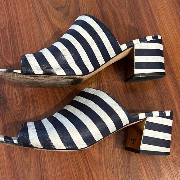 Tory Burch navy and whites striped mules peep toe size 7 1/2 - Picture 6 of 7